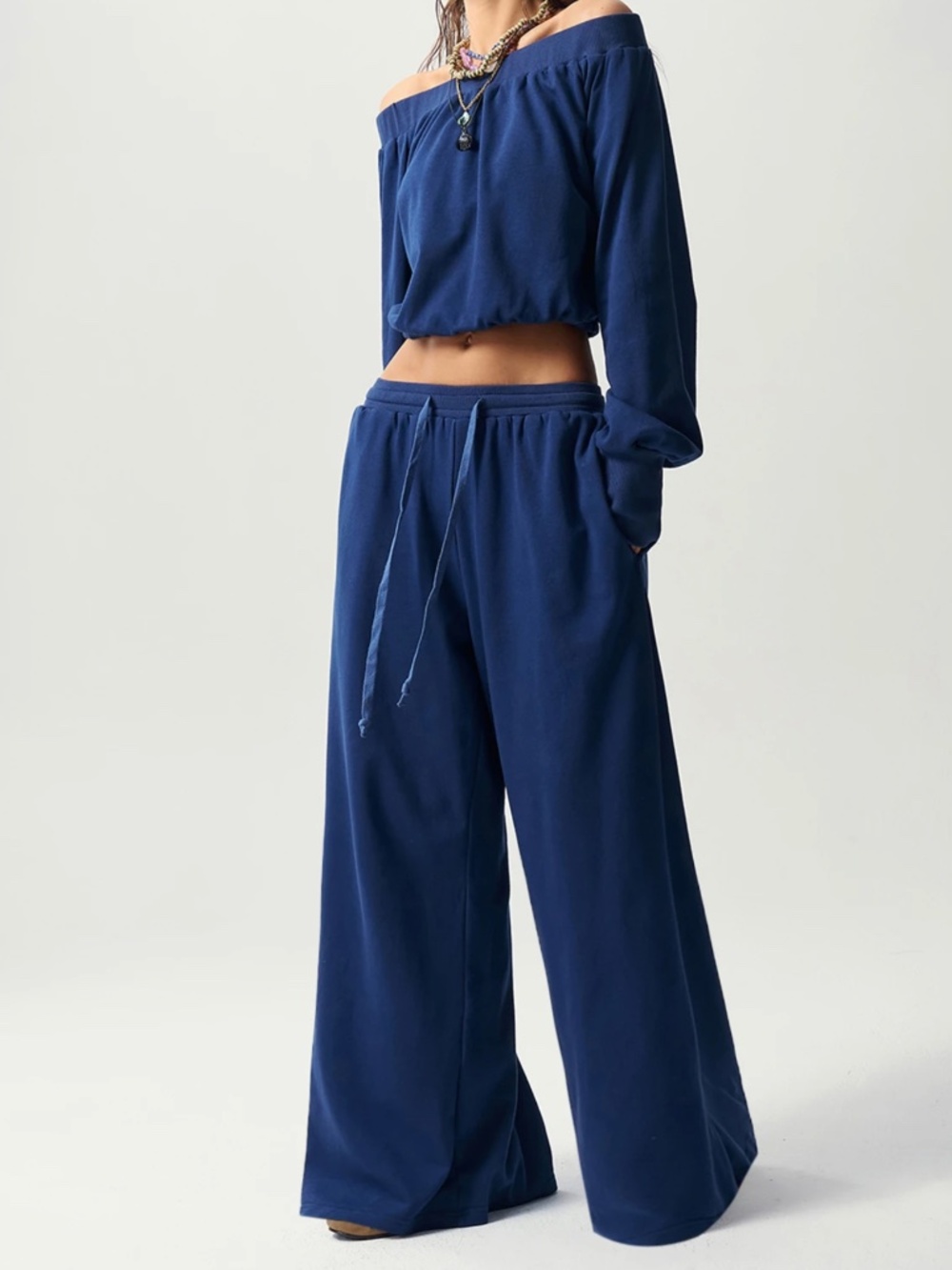 Solid Blue Off Shoulder Long Sleeve Top Wide Leg Pants Set - Picture 7 of 7